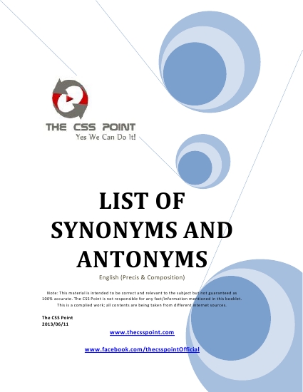 Synonyms and Antonyms for SSC CGL and other competitive exams.